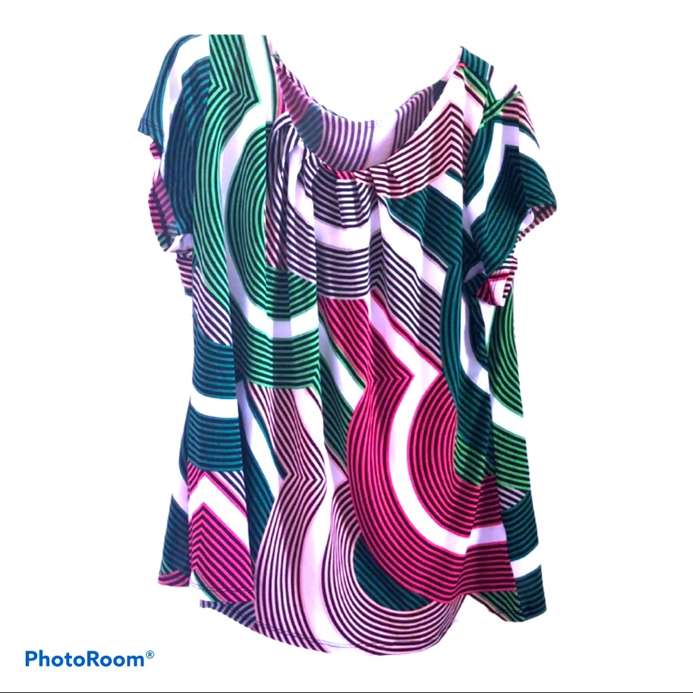 Geometric Green Red Peach Worthington‎ Top Sz 1X EUC